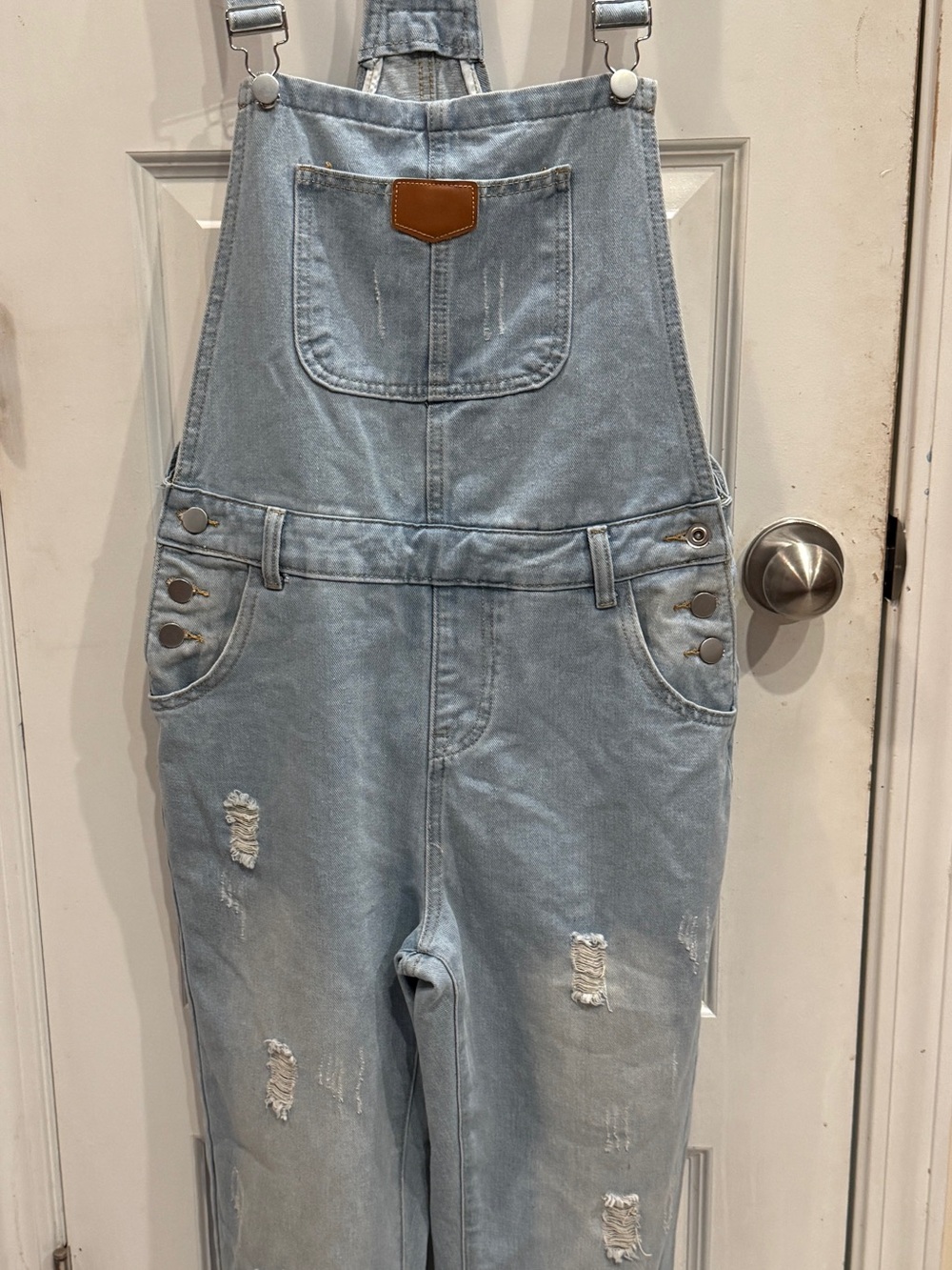 Light Wash Distressed Denim Overalls for Women